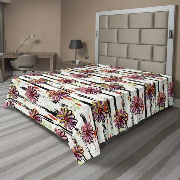 Ambesonne Floral Fun Flat Bedding Sheet Soft Top Sheet, Colorful Daisies Drawing, King, Pink Coconut Multicolor