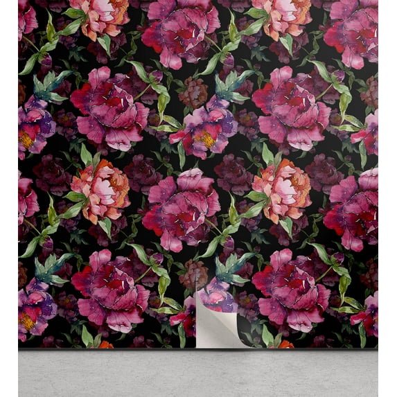 Ambesonne Floral Garden Peel & Stick Wallpaper for Home, Wild Peony Blossoms, 13"x36", Dark Magenta Green