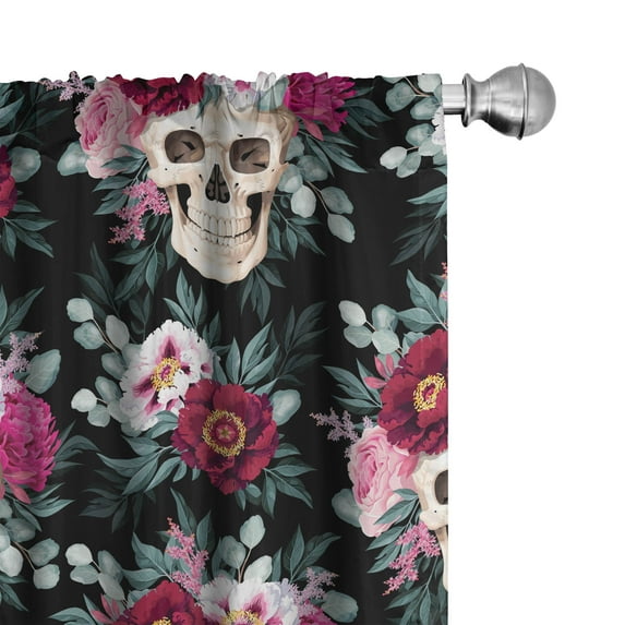 Ambesonne Floral Goth Art Curtains, Skulls Bouquet Art, Pair of 28"x63", Pale Ruby Laurel Green