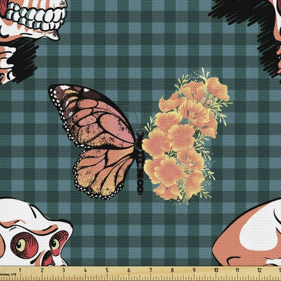 Ambesonne Floral Gothic Fabric by the Yard Upholstery, Scary Skull Butterfly, 1 Yard, Teal Salmon Yellow