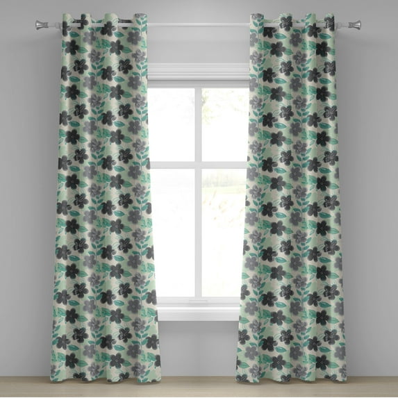 Ambesonne Floral Grommet Curtain, Abstract Nostalgic Retro, 50" x 72", Charcoal Grey Mint Green