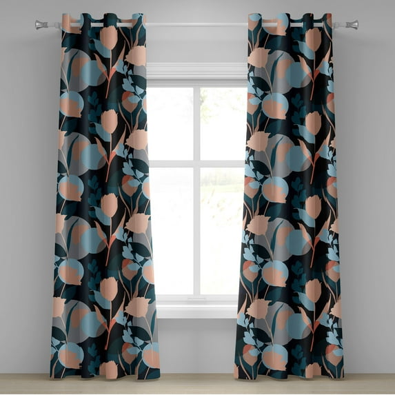 Ambesonne Floral Grommet Curtain, Abstract Silhouettes Floral, 50"x108", Salmon Sky Blue and Dark Teal