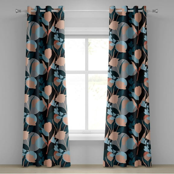 Ambesonne Floral Grommet Curtain, Abstract Silhouettes Floral, 50"x84", Salmon Sky Blue and Dark Teal