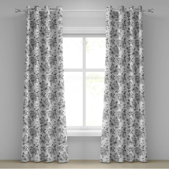 Ambesonne Floral Grommet Curtain, Achromatic Colors of Flowers, 50"x84", White Grey