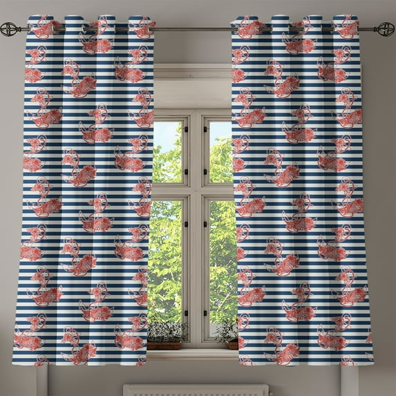 Ambesonne Floral Grommet Curtain, Anchor Striped Backdrop, 50" x 63", White Blue and Red