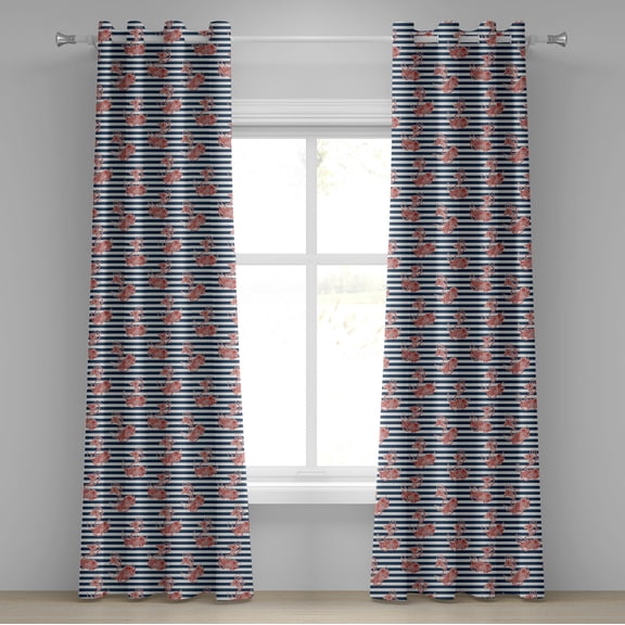 Ambesonne Floral Grommet Curtain, Anchor Striped Backdrop, 50" x 72", White Blue and Red