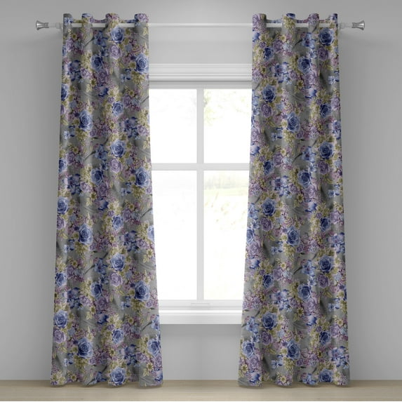 Ambesonne Floral Grommet Curtain, Art Autumn Blooming Flowers, 50"x108", Pale Purpleblue Lilac