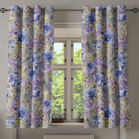 Ambesonne Floral Grommet Curtain, Art Autumn Blooming Flowers, 50"x63", Pale Purpleblue Lilac