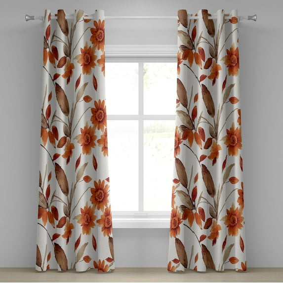 Ambesonne Floral Grommet Curtain, Art Autumnal Romance Flowers, 50"x72", Burnt Orange Umber and White
