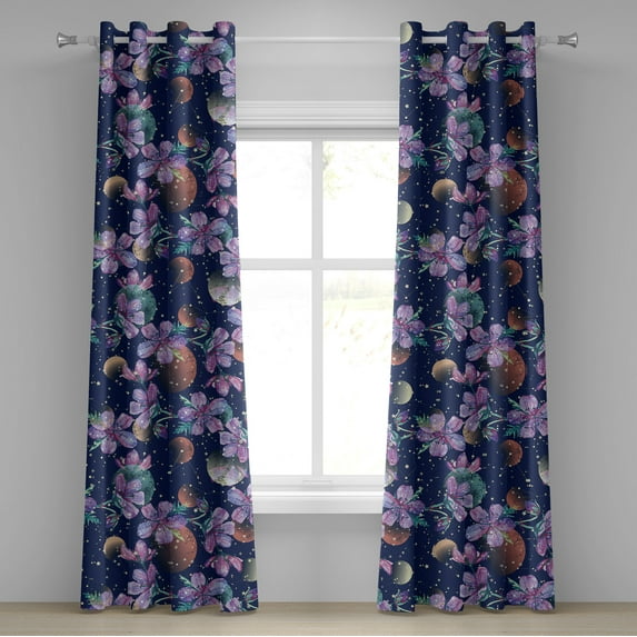 Ambesonne Floral Grommet Curtain, Astrology Universe Flowers, 50"x120", Indigo Lavender