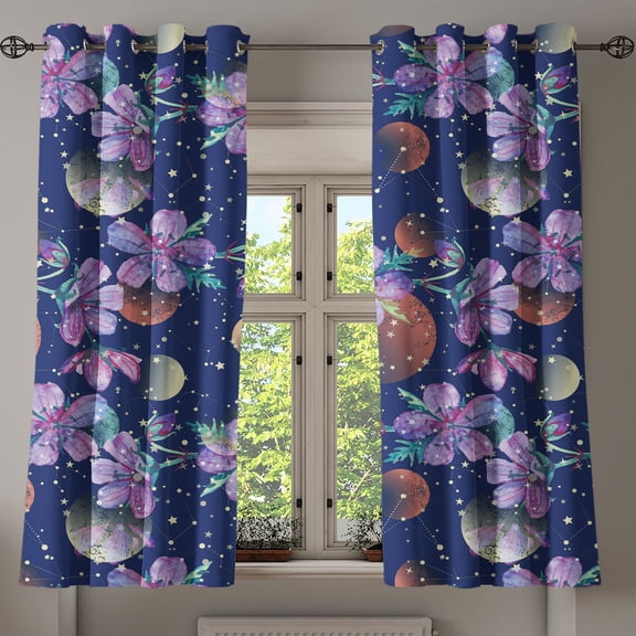 Ambesonne Floral Grommet Curtain, Astrology Universe Flowers, 50"x63", Indigo Lavender
