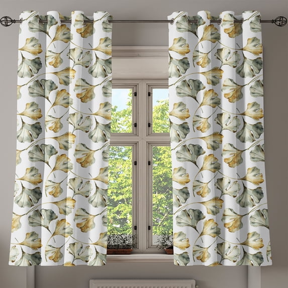 Ambesonne Floral Grommet Curtain, Autumn Season Leaves Gingko, 50"x60", Sage Green Dark Mustard