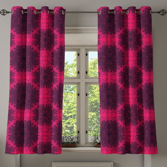 Ambesonne Floral Grommet Curtain, Baroque Roses Mandala, 50" x 63", Hot Pink Dark Purple