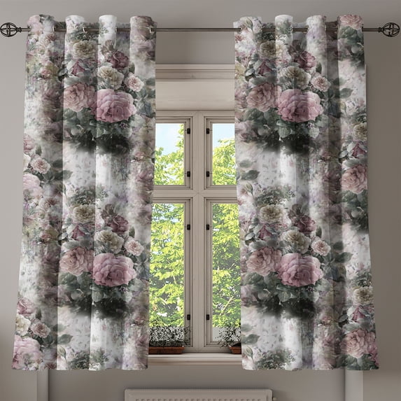 Ambesonne Floral Grommet Curtain, Blossoming Roses Botany Art, 50"x60", Army Green and Grey Pink
