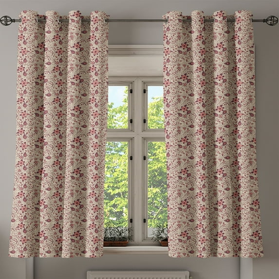 Ambesonne Floral Grommet Curtain, Blossoming Spring Retro, 50" x 54", Tan Coral Maroon