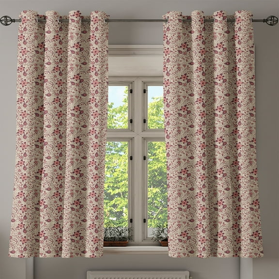 Ambesonne Floral Grommet Curtain, Blossoming Spring Retro, 50" x 63", Tan Coral Maroon