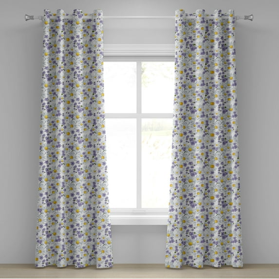 Ambesonne Floral Grommet Curtain, Blossoming Wild Flowers, 50" x 72", White Yellow Purple