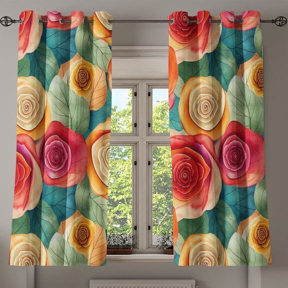 Ambesonne Floral Grommet Curtain, Bold Roses Leaves Nostalgia, 50"x60", Marigold Dark Coral and Teal