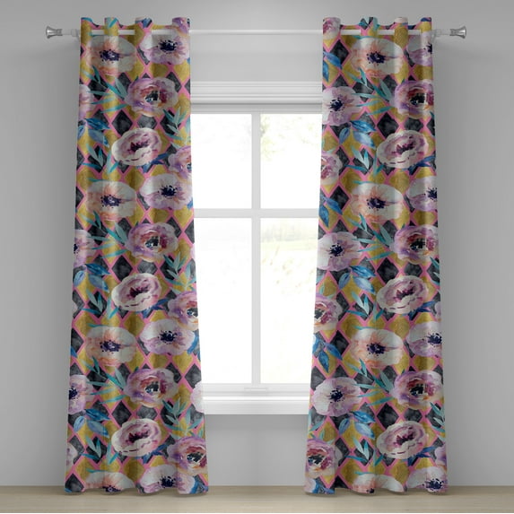 Ambesonne Floral Grommet Curtain, Botanical Anemone Bloom Art, 50"x84", Pink Dark Mustard Lilac