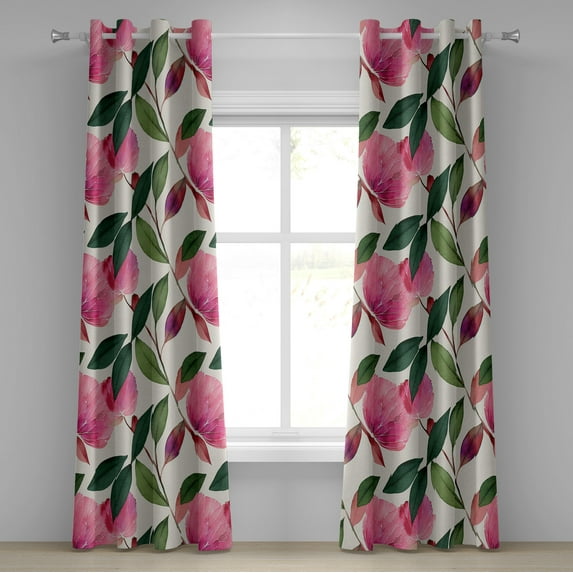 Ambesonne Floral Grommet Curtain, Botanical Flower Leaves Art, 50"x96", Forest Green and Magenta