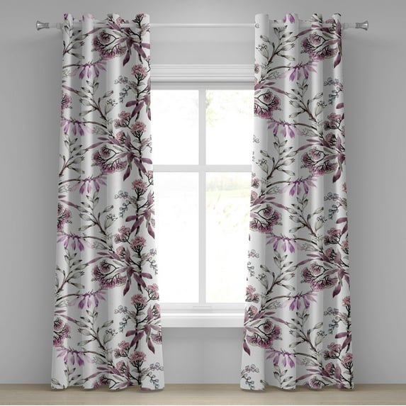 Ambesonne Floral Grommet Curtain, Botany Beadow Ornament Print, 50"x72", Eggplant Ivory Lilac