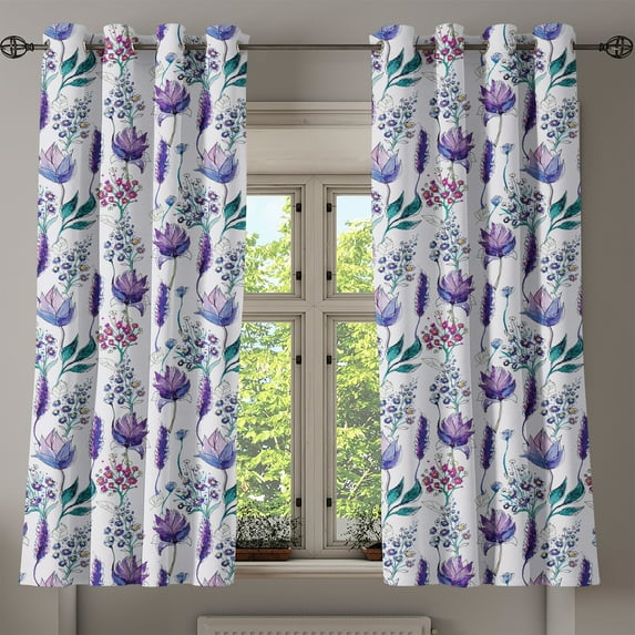 Ambesonne Floral Grommet Curtain, Botany Plants Watercolor, 50" x 63", Lavender Plum Jade Green