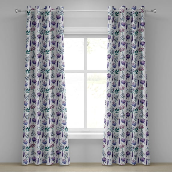 Ambesonne Floral Grommet Curtain, Botany Plants Watercolor, 50" x 84", Lavender Plum Jade Green
