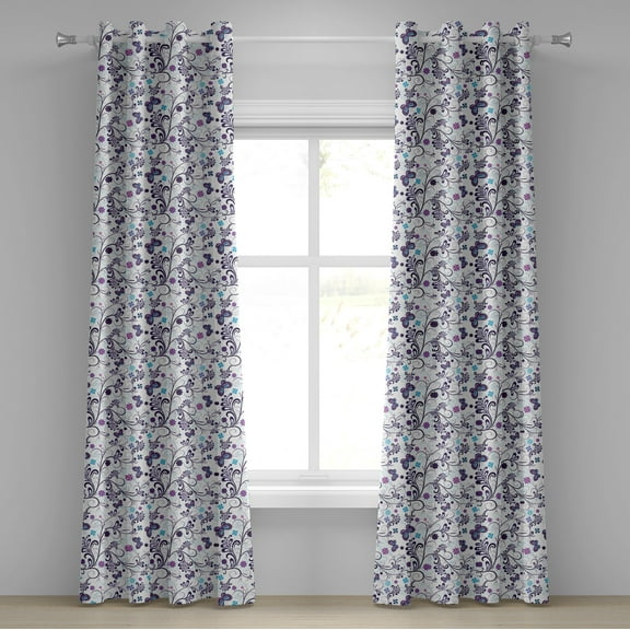 Ambesonne Floral Grommet Curtain, Butterflies and Swirls, 50" x 72", Dark Purple Pale Blue