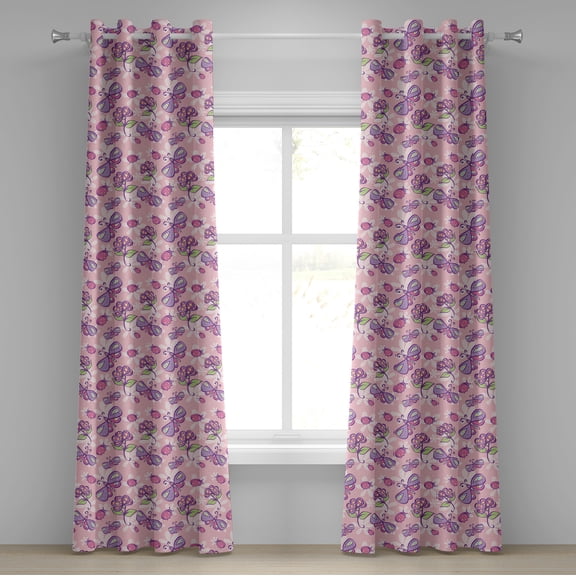Ambesonne Floral Grommet Curtain, Butterfly Cartoon Style, 50" x 96", Pale Pink Lavender