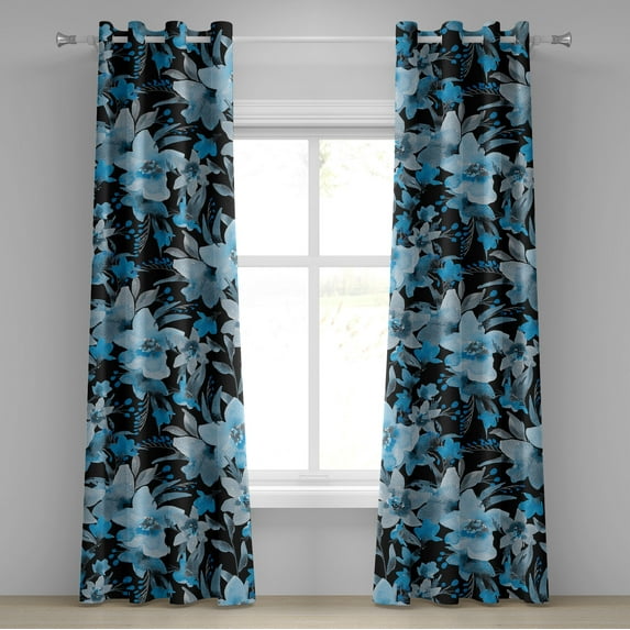 Ambesonne Floral Grommet Curtain, Cold Tones Wild Flowers Art, 50"x108", Black Sky Blue and Grey