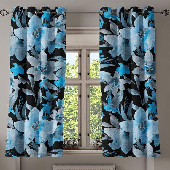 Ambesonne Floral Grommet Curtain, Cold Tones Wild Flowers Art, 50"x60", Black Sky Blue and Grey