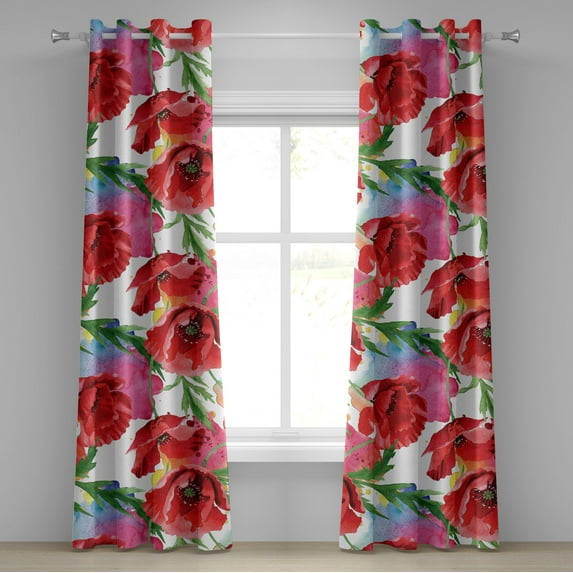 Ambesonne Floral Grommet Curtain, Colorful Flower Garden Poppy, 50"x72", Vermilion Green Pink