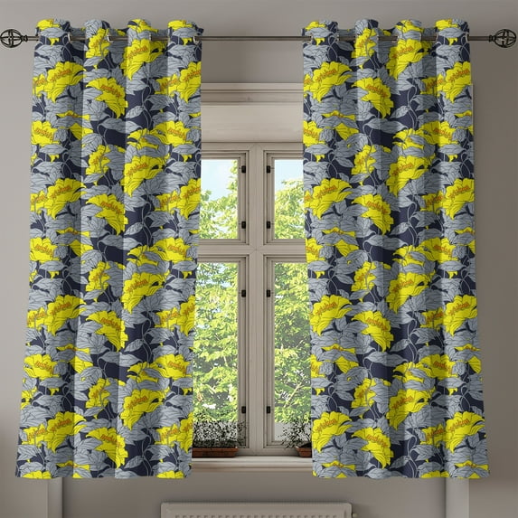 Ambesonne Floral Grommet Curtain, Contrast Tones Florets, 50" x 63", Yellow and Grey