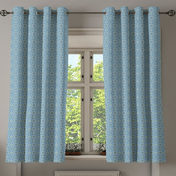 Ambesonne Floral Grommet Curtain, Curvy Circular Hand Tile, 50" x 63", Pale Blue Green and Blue