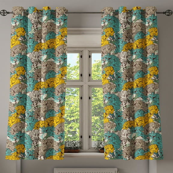 Ambesonne Floral Grommet Curtain, Drawing Style Vintage, 50" x 63", Earth Yellow Turquoise