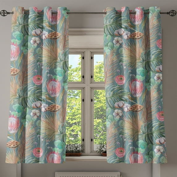 Ambesonne Floral Grommet Curtain, Exotic Dried Leaves Print, 50"x63", Cadet Blue Pink Green