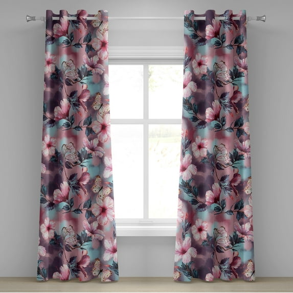 Ambesonne Floral Grommet Curtain, Exotic Hibiscus Flowers Art, 50"x120", Pink Plum and Pale Blue