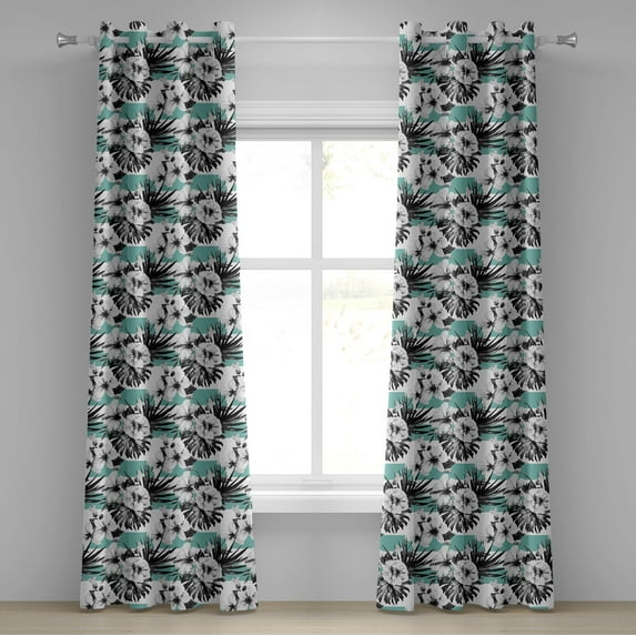 Ambesonne Floral Grommet Curtain, Exotic Hibiscus on Stripes, 50" x 120", Grey White Teal