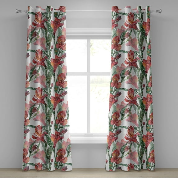 Ambesonne Floral Grommet Curtain, Exotic Lily of the Incas Art, 50"x96", Fern Green Coral Orange