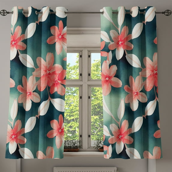 Ambesonne Floral Grommet Curtain, Flower Illustration Leaves, 50"x60", Dark Coral Dark Teal