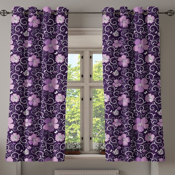 Ambesonne Floral Grommet Curtain, Flower Patterned Design, 50" x 63", Lilac Dark Purple White