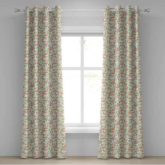 Ambesonne Floral Grommet Curtain, Flower Petals Blossoms, 50" x 96", Coral Fern Green White