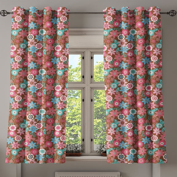 Ambesonne Floral Grommet Curtain, Flower Petals Florets, 50" x 54", Pink Brown and Teal