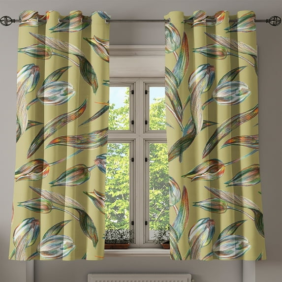 Ambesonne Floral Grommet Curtain, Flower Sketches Leaves Retro, 50"x60", Pale Khaki Multicolor