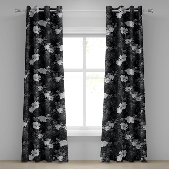 Ambesonne Floral Grommet Curtain, Flowers Leaves Dark-Tone Art, 50"x72", Charcoal Grey and White