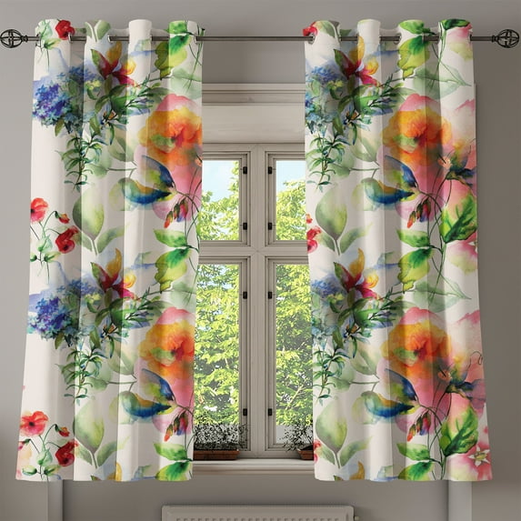 Ambesonne Floral Grommet Curtain, Flowers Wild Blooming Meadow, 50"x60", Pink Green and Blue Violet