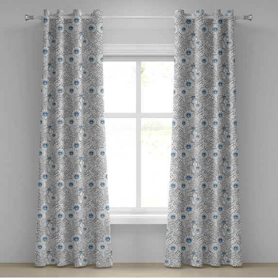 Ambesonne Floral Grommet Curtain, Flowers with Blue Dots, 50" x 84", Black White Blue