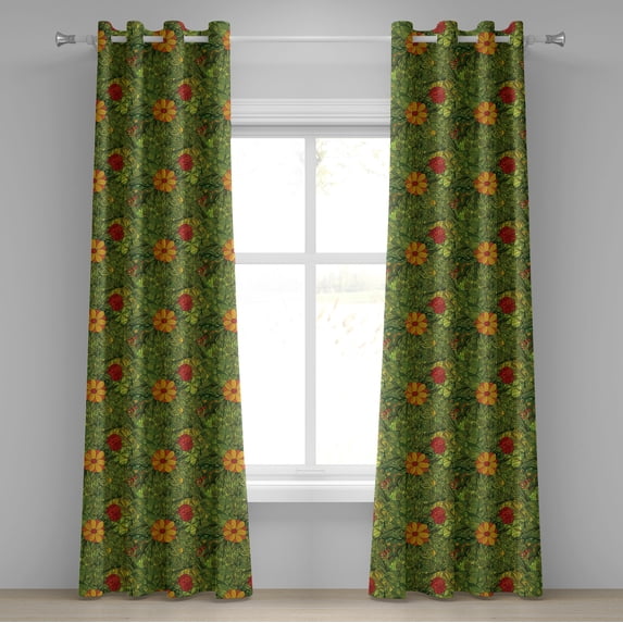 Ambesonne Floral Grommet Curtain, Fractal Retro Jungle Art, 50" x 84", Olive Green Vermilion