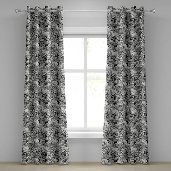 Ambesonne Floral Grommet Curtain, Frangipani Mimosa Lotus, 50" x 108", Black White Pale Grey
