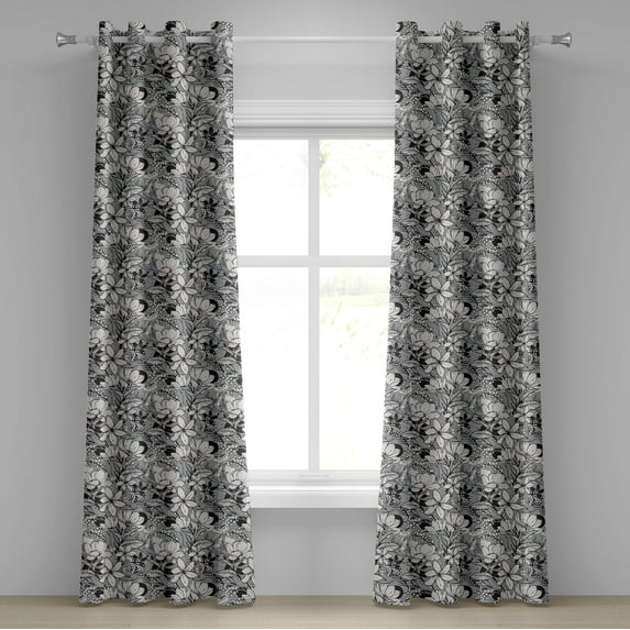 Ambesonne Floral Grommet Curtain, Frangipani Mimosa Lotus, 50" x 120", Black White Pale Grey